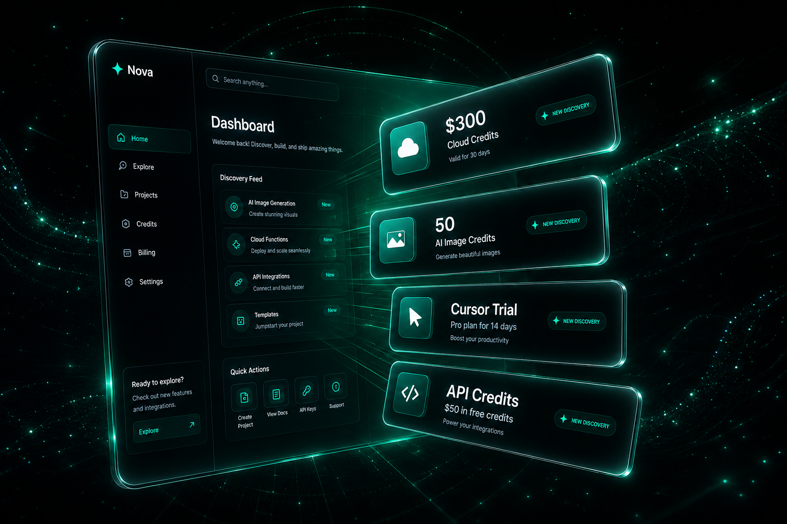 Free Credits Hunter dashboard showing AI credit offers